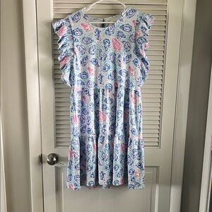 Simply Southern Ruffled Sleeve Short Dress in Blue & Pink Oyster Print